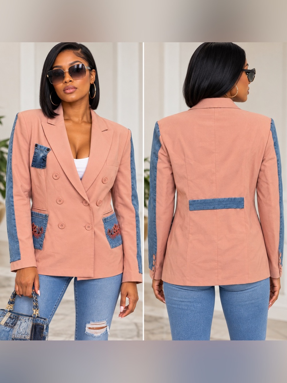 Upcycled Peach Double-Breasted Blazer with Denim Sleeved Trim and patches size M